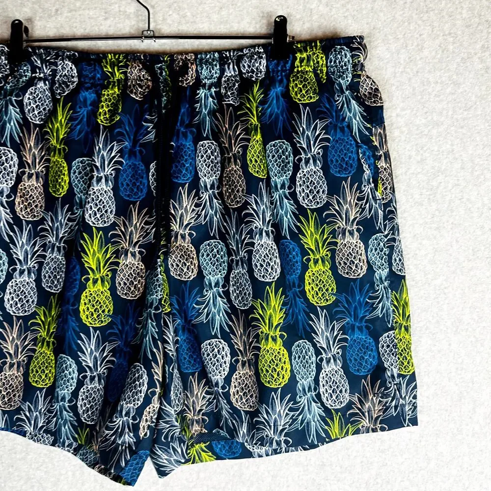 DSG Mens Sz 2XL Swim Trunks Lined Blue Pineapple Fruit Pockets Elastic Waist